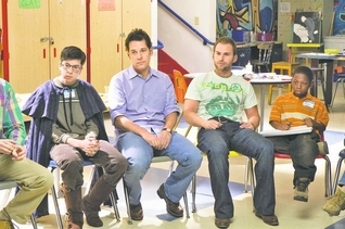From left to right, Christopher Mintz-Plasse, Paul Rudd, Seann William Scott and Bobb'e J. Thompson in "Role Models." 