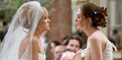 Kate Hudson, left, and Anne Hathaway face off in the comedy "Bride Wars."