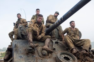 From left to right, Shia LaBeouf, Brad Pitt, Logan Lerman (rear), Michael Peña and Jon Bernthal star in the war drama “Fury”   Photo courtesy of Sony